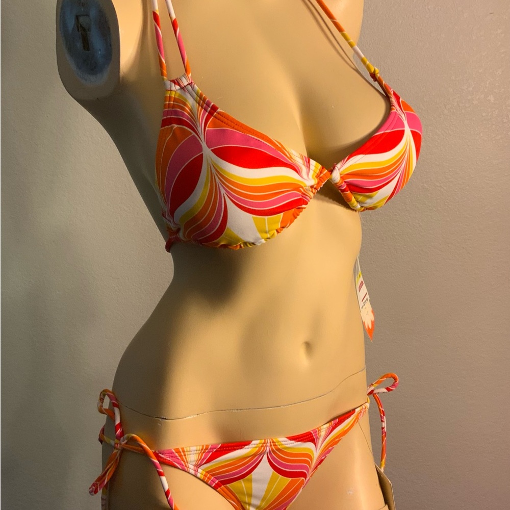 Hula Honey women’s swimsuit bikini sets pink string tie retro print M